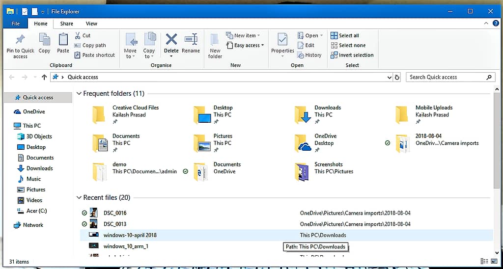 Figure 1: Navigation And Display Elements In File Explorer Windows 10 