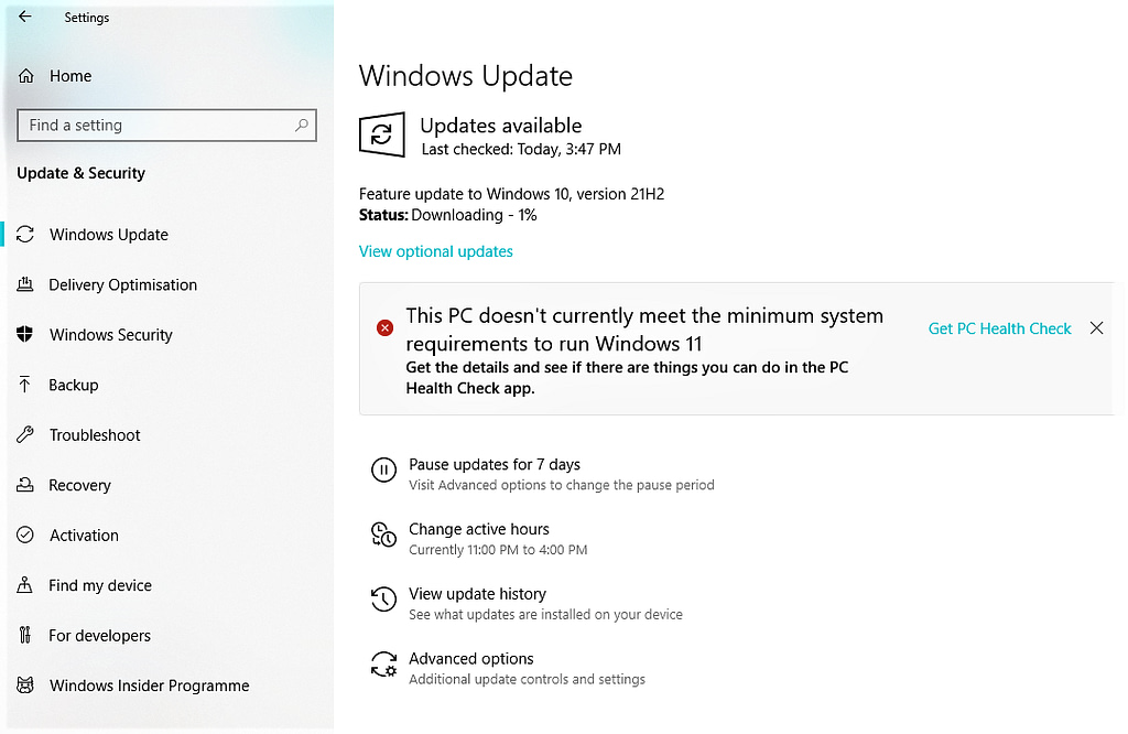 Figure 3: Windows 10, 21H2 Download In Progress