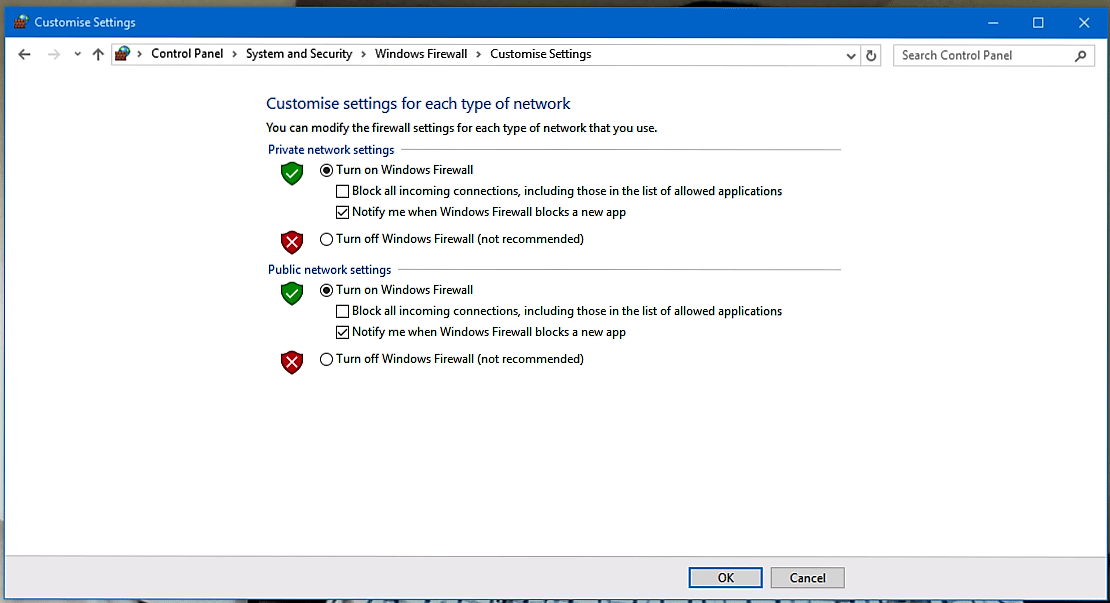 Figure 3: You Can Enable (Turn On) Or Disable (Turn Off) Windows Firewall In Customise Settings Window