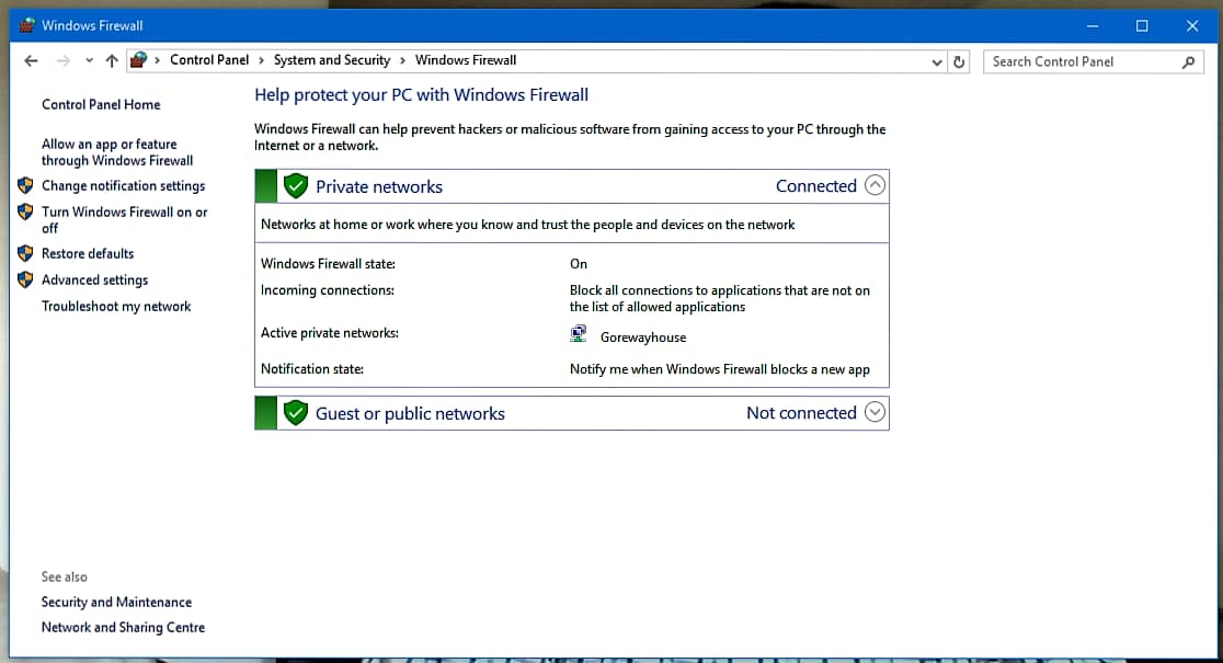 Figure 2: Windows Firewall Showing Status And Settings For Gorewayhouse, My Network Connection. It Shows Guest Or Public Network As Not Connected To My Windows 10 PC