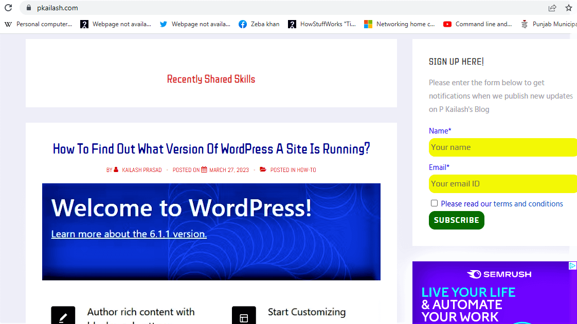 Figure 1: One Of The Differences Between The Blog And Website Is That The Blog Posts Are Displayed In Reverse Chronological Order. The Most Recent Post "How To Find Out What Version Of WordPress A Site Is Running?" Is Displayed On The Top
