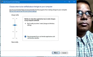User Account Control Settings Window Showing Default Notification Setting For An Admin User Account