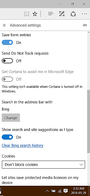 Figure 8: Scrolled Down Advance Settings Pane In Microsoft Edge Browser