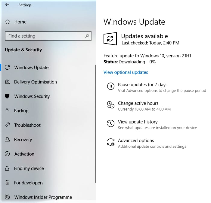 The Windows 10 21H1 Update Download In Progress