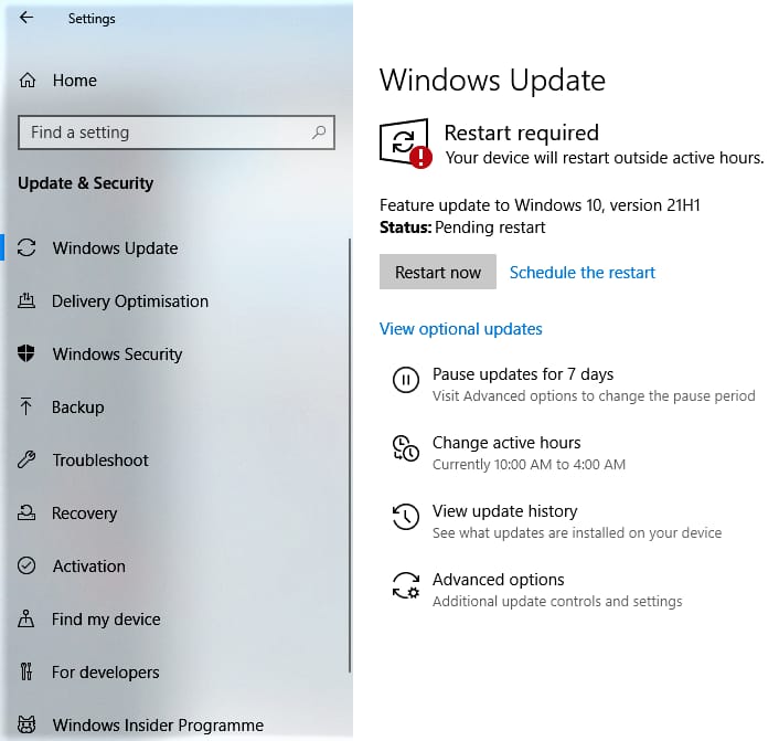 The PC needs To Restart To Complete Windows 10 21H1 Update