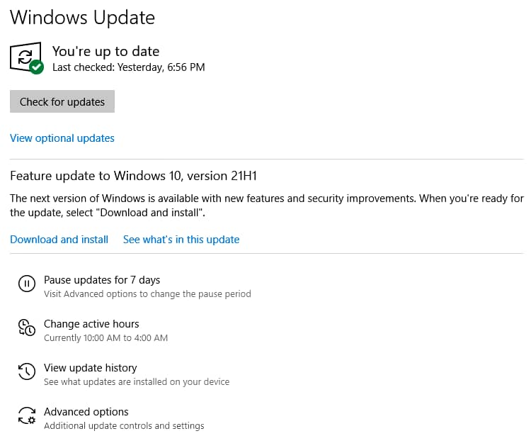 Figure 1: Feature Update To Windows 10, Version 21H1 Is Available For Download On My PC, Windows 10 Home Edition